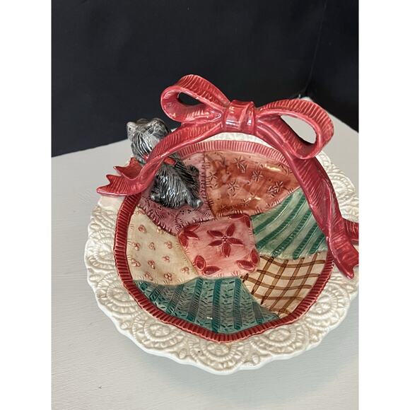 Retired Fitz & Floyd Candy Dish Scottie Dog In Quilted Basket & Bow Christmas - Picture 4 of 11